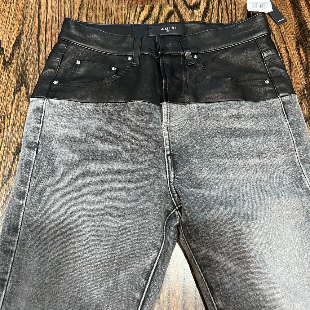 **SOLD** NEW Amiri Genuine Leather Contrast Skinny Jeans Aged Black/Black 25